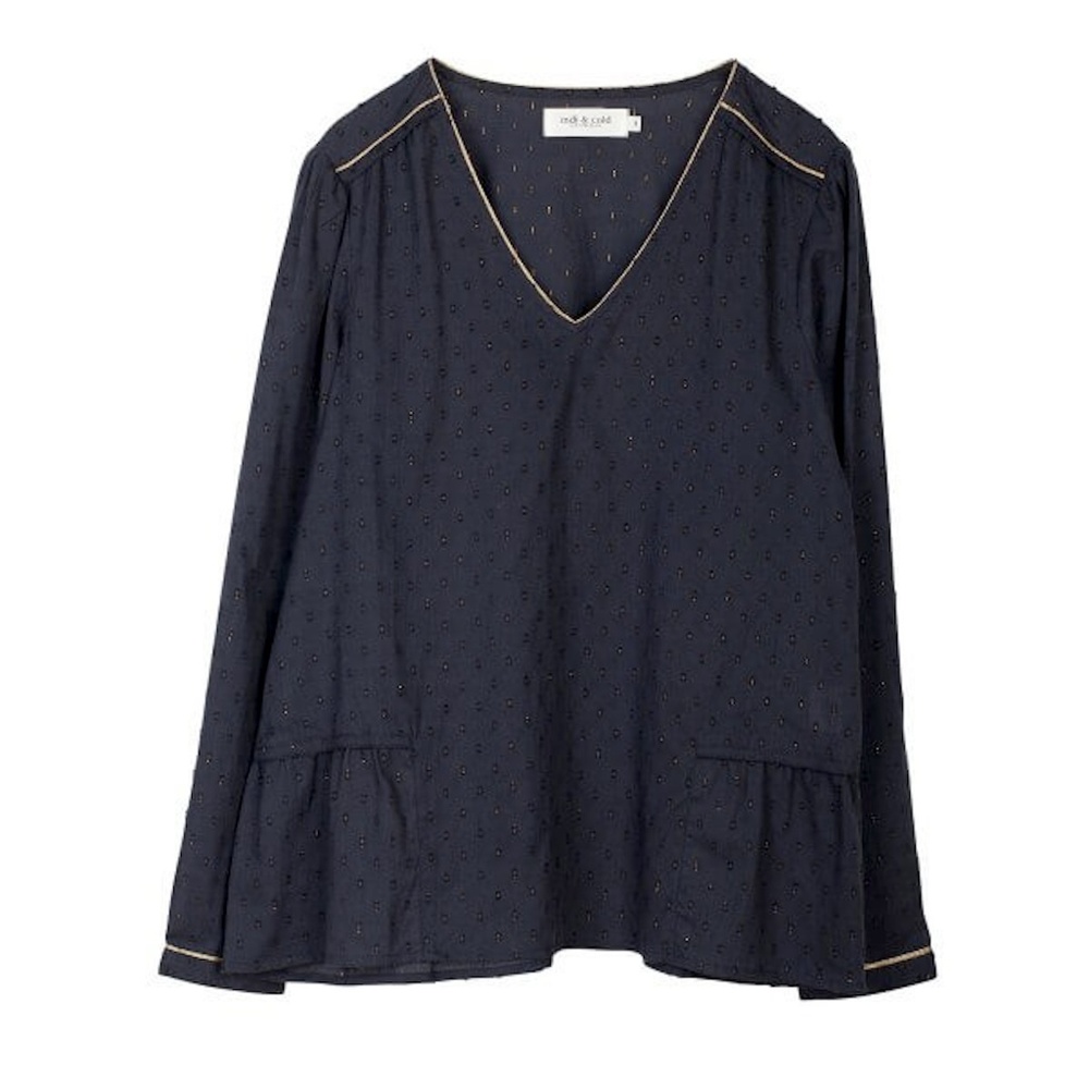 Lurex Details Plumetti V-Neck Navy Blue Shirt